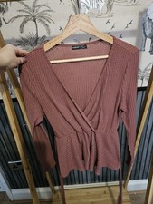 SHEIN Rose Pink Waffle Knit Wrap Top Large L 12 14 Tie Waist Peplum Long Sleeve