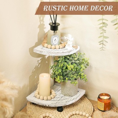 Tikea Decorative Wood Riser for Display, 2-Tier Farmhouse Corner Shelf for Ki...