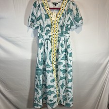 ADOR Size M NWT White Teal Blue Yellow Maxi Dress with Sleeves Pockets Medium