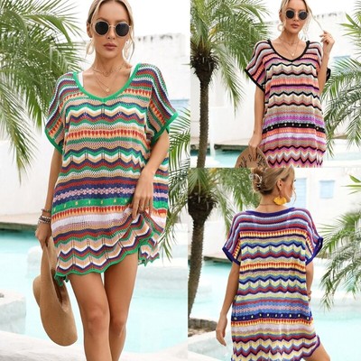 V-neck Bikinis Cover Up for Women Beach-Dress Color-Block Bathing Suit Cover Up