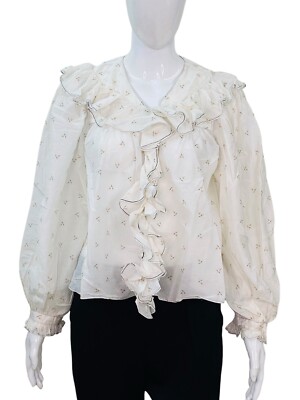 Doen Women's Floral Printed Ruffled Gathered Long Sleeves White Blouse Top XS