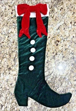 Vtg Christmas Victorian Stocking Red Bow Button Green Velvet 24" High Heel Boot
