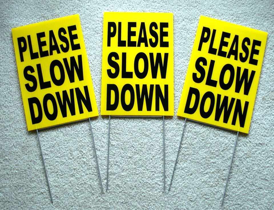 HARRINGTON SIGNS (3) PLEASE SLOW DOWN Coroplast SIGNS with stakes 8" x 12" Children Safety Sign