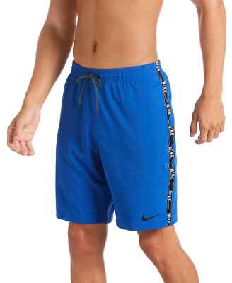 NIKE Men's $56 Swim Logo Tape Racer Volley Shorts 9  Blue Black Trunks Sz S-XXL