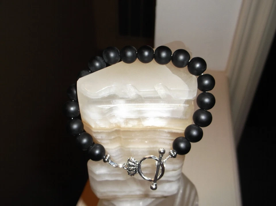 PULSERA HOMBRE HECHA A MANO 8 1/4" 10MM NEGRO MATE ÁGATA ÓNIX CUENTAS Foto 4 de 4