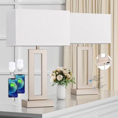 Nightstand Table Lamps for Bedrooms Set of 2 - Touch Bedside Lamp with USB C+A, 