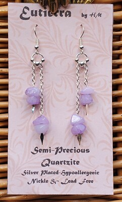Eutierra Semi-Precious Lavender Quartzite Earrings Hand Crafted USA Silver Plate