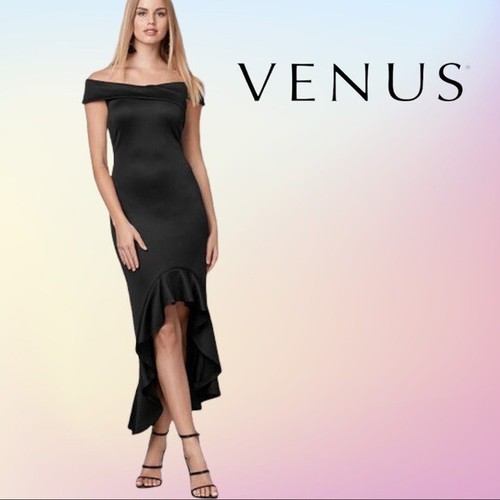 Black VENUS Off-Shoulder High-Low Dress 
