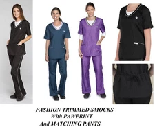 Top Performance Contrast Trim Paw V-Neck SMOCK or PANT GROOMER Pet Grooming Top