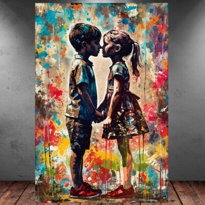 LEINWAND BILD ER XXL ABSTRAKT LOVE KIDS BANKSY GRAFFITI BUNT WAND POSTER  P1148