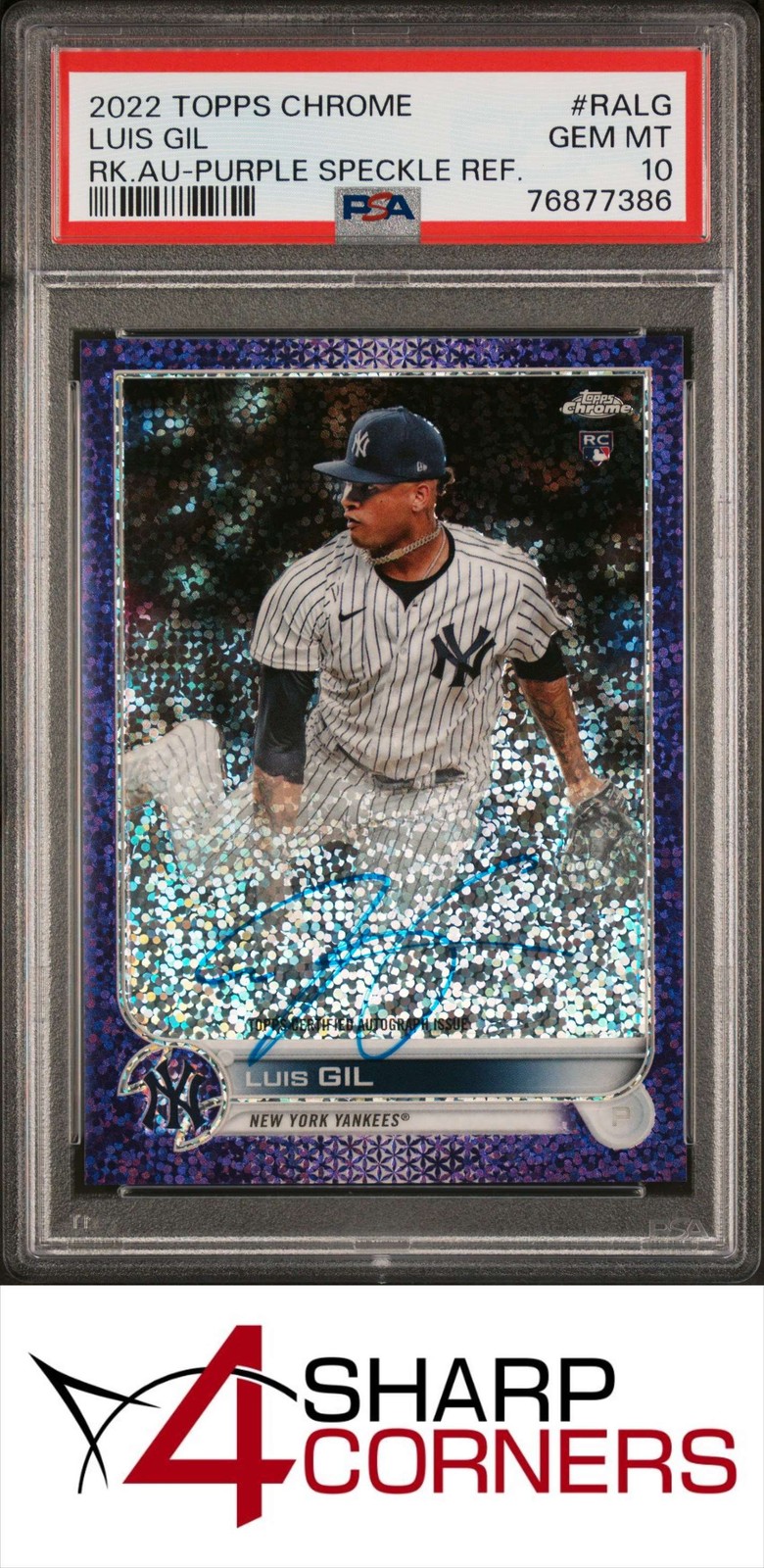 2022 TOPPS CHROME ROOKIE AUTO PURPLE SPECKLE REFRACTOR LUIS GIL RC #/299 PSA 10