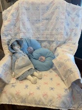   VTG Pink/Blue Bow 7 Piece Crib/toddler Bed Set Handmade 58x35  W/ Cloth Doll  
