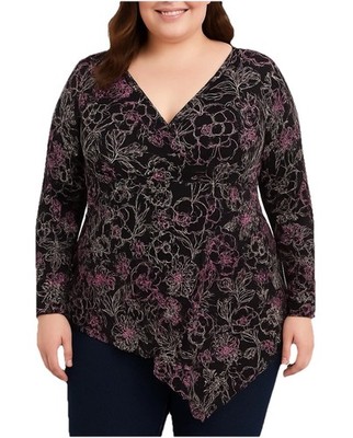 Venezia Womens Blouse Top 18-20 Asymmetrical Floral Black  Babydoll Casual