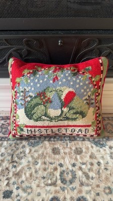 Wool Needlepoint Pillow Christmas Mistle Toad Pillow Pair of Frogs Velvet READ