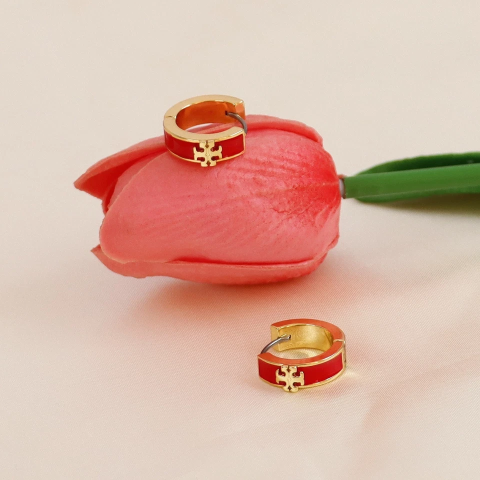 New! Tory Red small hoop Gold earrings with Jewelry Pouch Size:2.3*0.7cm - Image 2 of 3