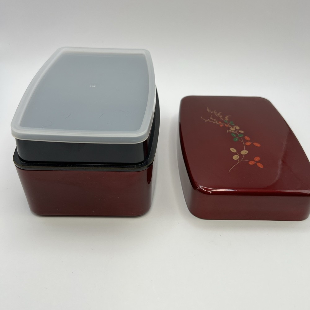 Bento Box Lunch Container Double Tier Layered Red Flowers Japanese