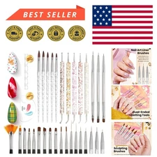 31-Piece Nail Art Brush Set with Dual-Ended Dotting Tools & Palette Holder