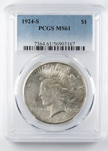 1924-S Peace Dollar PCGS MS61 High Grade Semi Key Date San Francisco