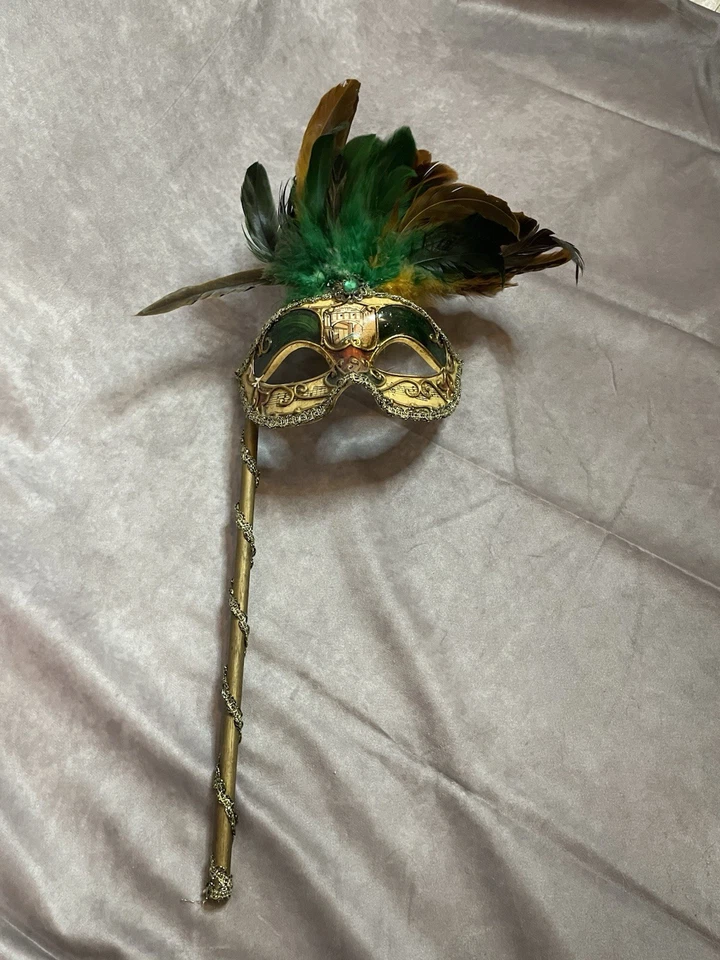 Brown & Green Feathered VENETIAN Stick Mask w/ Musical Notes & Gold Trim - 20" L - Image 2 of 4