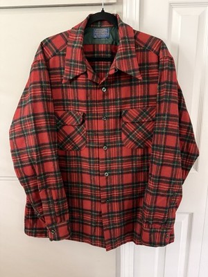 VTG 60 s~Classic Pendleton Wool Plaid Flap Pocket Loop Collar Shirt~Men s XL~Red