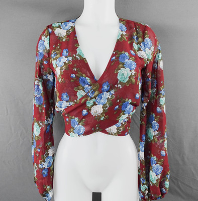 Womens Top Small Burgundy Floral Sheer Wrap Cropped Indie Retro Y2K Cottagecore