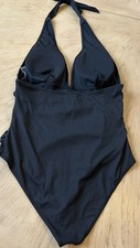 Women  s Black Swimsuit Halter Top One Piece Ribbed Ruching Tummy Control Large