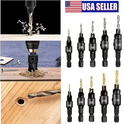5Pcs Countersink Drill Bit Set Woodworking HSS Chamfer Drill Bit 1/4'' Hex Shank
