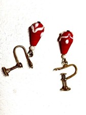 Vintage red white art glass drop earrings