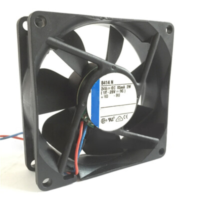 2-wire 8414N DC Axial Fan 80*80*25mm 24VDC 40.6CFM 2W 32dBA 3100RPM Ball Bearing