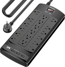 18 Outlets Surge Protector Power Strip 4 USB Ports 15' Feet Flat Plug Heavy Duty