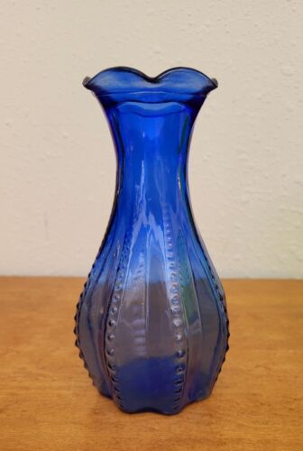 Vase vintage en verre indiana bleu cobalt perles lignes marqué USA bords volants - Photo 1/6