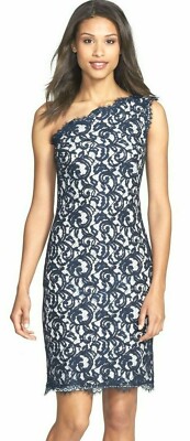 Tadashi Shoji Scalloped Lace One Shoulder Navy Ivory Sheath Cocktail Dress $308 | eBay Tadashi Shoji Scalloped Lace One Shoulder Navy Ivory Sheath Cocktail Dress $308 | eBay