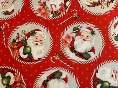 RETRO CHRISTMAS CANDY CANE LANE SANTA CLAUS CIRCLES RED STUDIOE FABRIC HALF YD