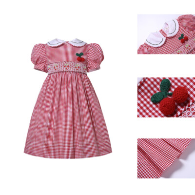 Vintage Girls Holiday Somcked Dresses Red Plaid Cherry Embroidery 2-12  Years | eBay