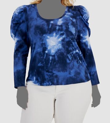 $40 Inc International Concepts Women's Blue Puff-Sleeve Tie-Dye Top Plus Size 3X