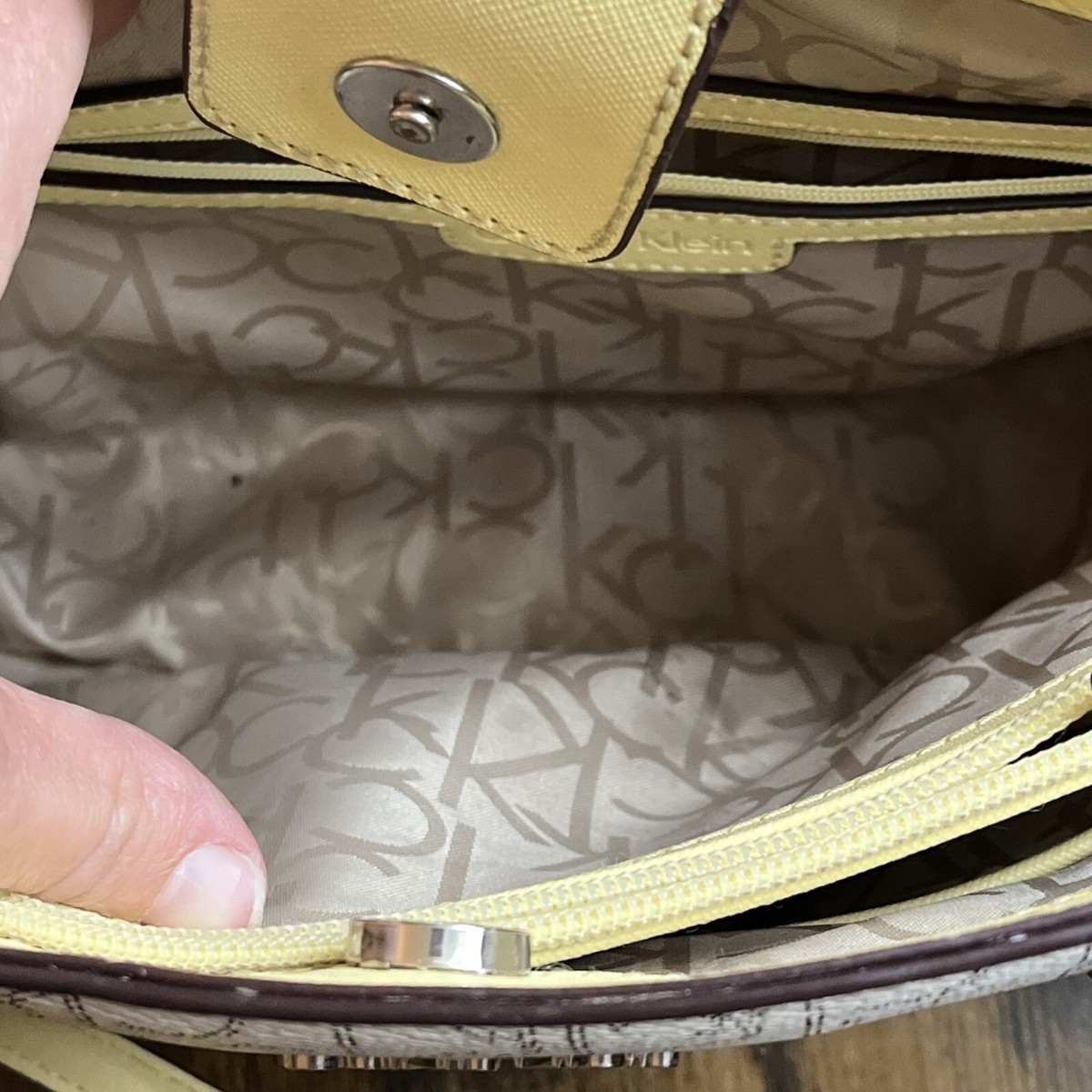 CALVIN KLEIN Monogram CK Signature Cream Satchel Hand-Bag CALVIN KLEIN Monogram CK Signature Cream Satchel Hand-Bag