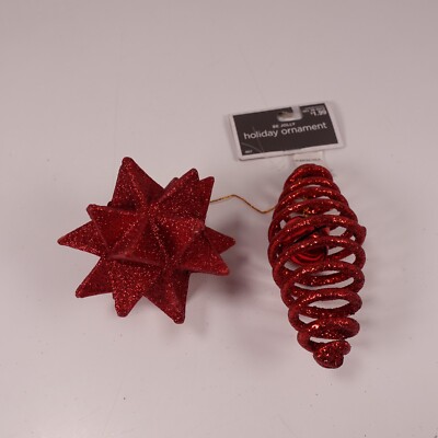Red Glitter Holiday Ornaments Set of 2 - Geometric Star & Spiral Cone Christmas 