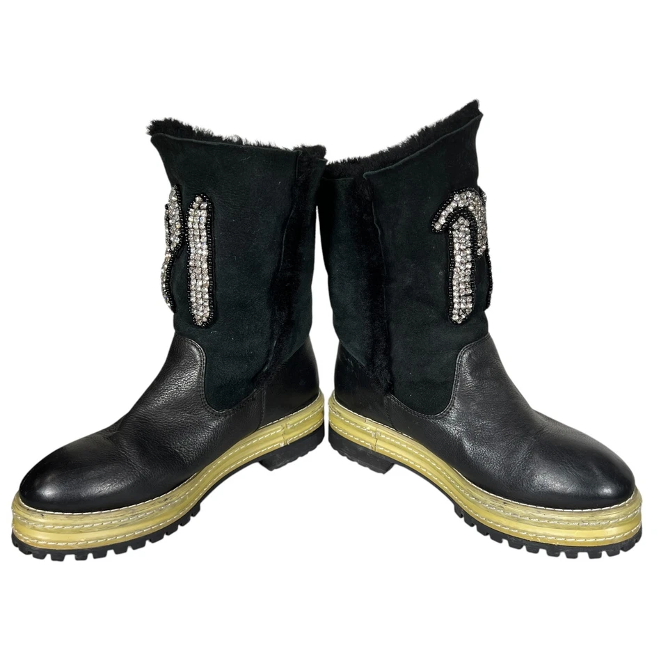 P1 Womens Black Leather Shearling Lining Lug Sole Mid Calf Boots Sz EU38 RARE - Image 3 of 4