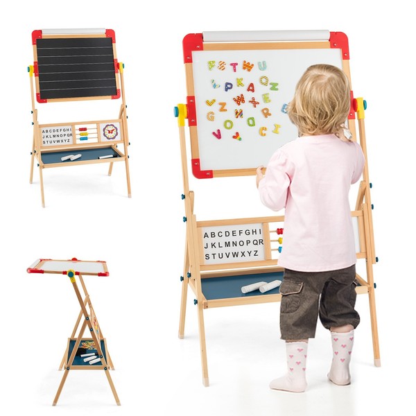 3 In 1 Kinderstaffelei Holz Kindertafel Standtafel 360°Drehbar Kreidetafel-image