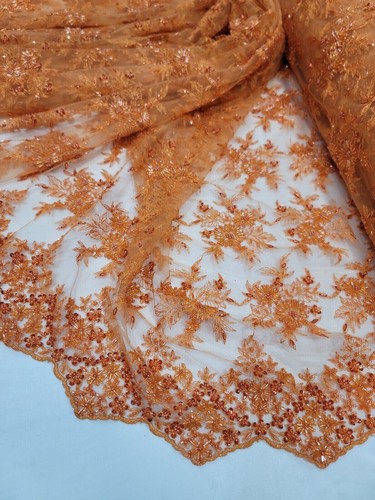 Orange Beaded Lace Fabric by the Yard - Embroidered Floral Flowers with Sequins - Picture 11 of 12