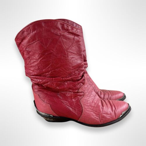 ZODIAC VINTAGE 80s WOMENS SIZE 7.5 RED LEATHER SLOUCHY COWBOY BOOTS - 第 1/5 張圖片