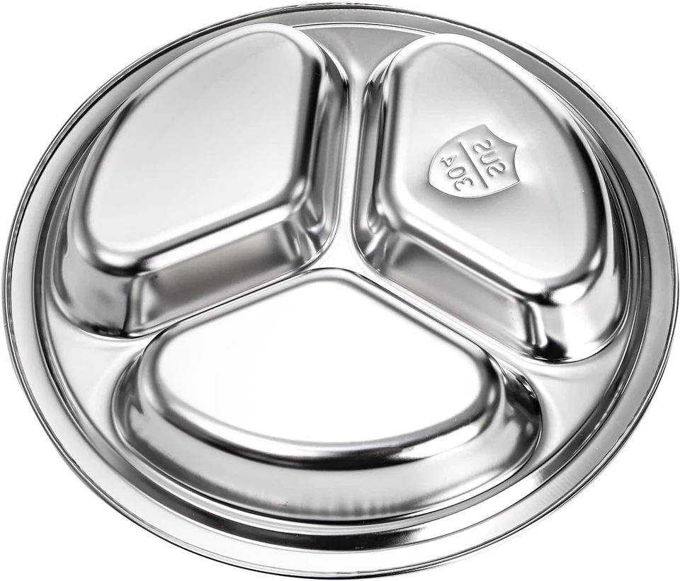 Pacote com 4 pratos divididos redondos de aço inoxidável, pratos de lanche de jantar de 9,5 polegadas com 3 - Imagem 4 de 4