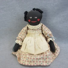 Vintage Folk Art Black Cloth Doll 15in Heart Cheeks Country Primitive AA