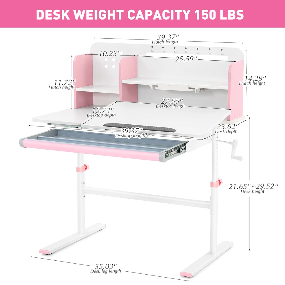 Rosa Höhenverstellbarer Kinder Arbeitszimmer Schreibtisch Ergonomischer Tisch Neigbar Schreibtisch, Schublade, Regal - Bild 3 von 4