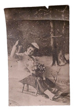 1909 RPPC Boy Sled Dog Winter Snow Antique Ge...