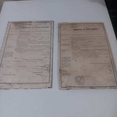 2 French Certificates of Good Conduct Certificat De Bonne Conduite 1860s 1880s