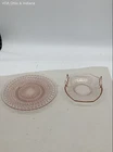Depression Glass Pink Sunburst Beaded 2pc Lot Plate Handled Nappy Bowl Vintage
