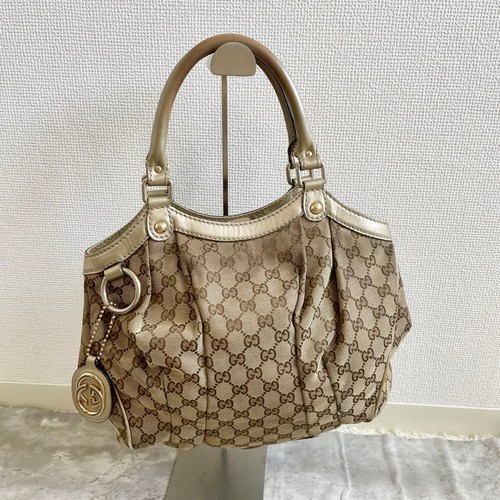 GUCCI Sukey GG Canvas Monogram Handbag Beige Brown Interlocking Charm #A478