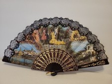 VTG Plastic  Cloth Fabric Folding Hand Fan Shiny ART Deco Floral Blackish Brown
