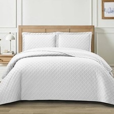 3 Piece Quilted Bedspread Plain Embossed Comforter Bedding Set with 2 Pillowcase